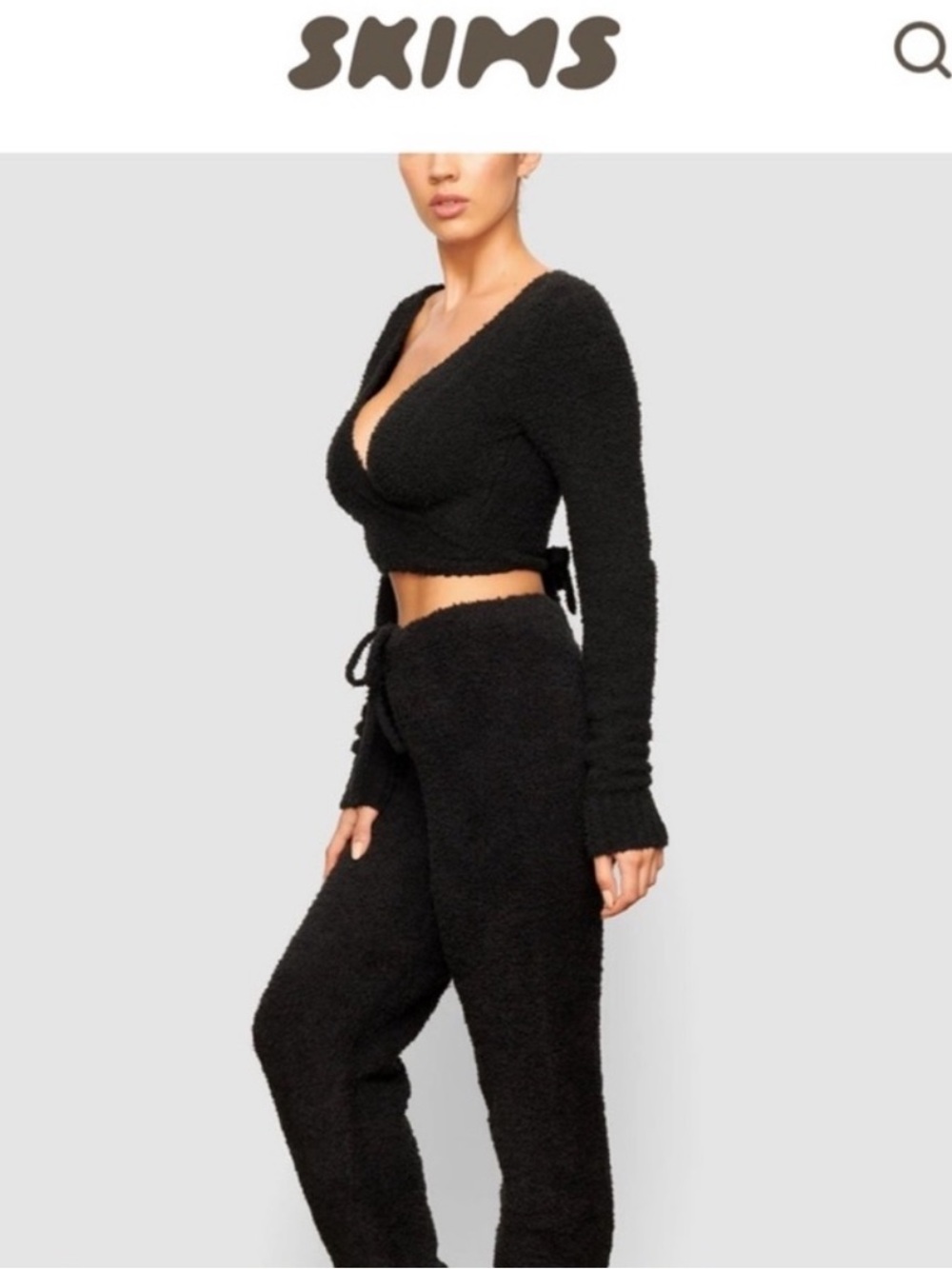 SKIMS LOUNGE SET Black Cozy Wrap Crop Top & Cozy Lounge High-Waist Pants S